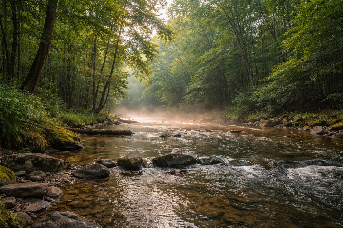 Early morning on a Southwestern Pennsylvania trout stream with light fog rising off clear water, mossy rocks in the foreground, and sunlight filtering through dense green forest trees.