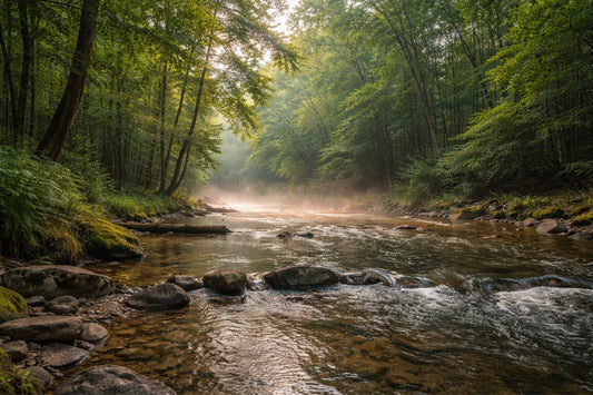 Early morning on a Southwestern Pennsylvania trout stream with light fog rising off clear water, mossy rocks in the foreground, and sunlight filtering through dense green forest trees.