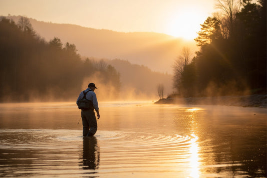Angler wade fishing at sunrise in Pennsylvania river representing intentional fishing lifestyle