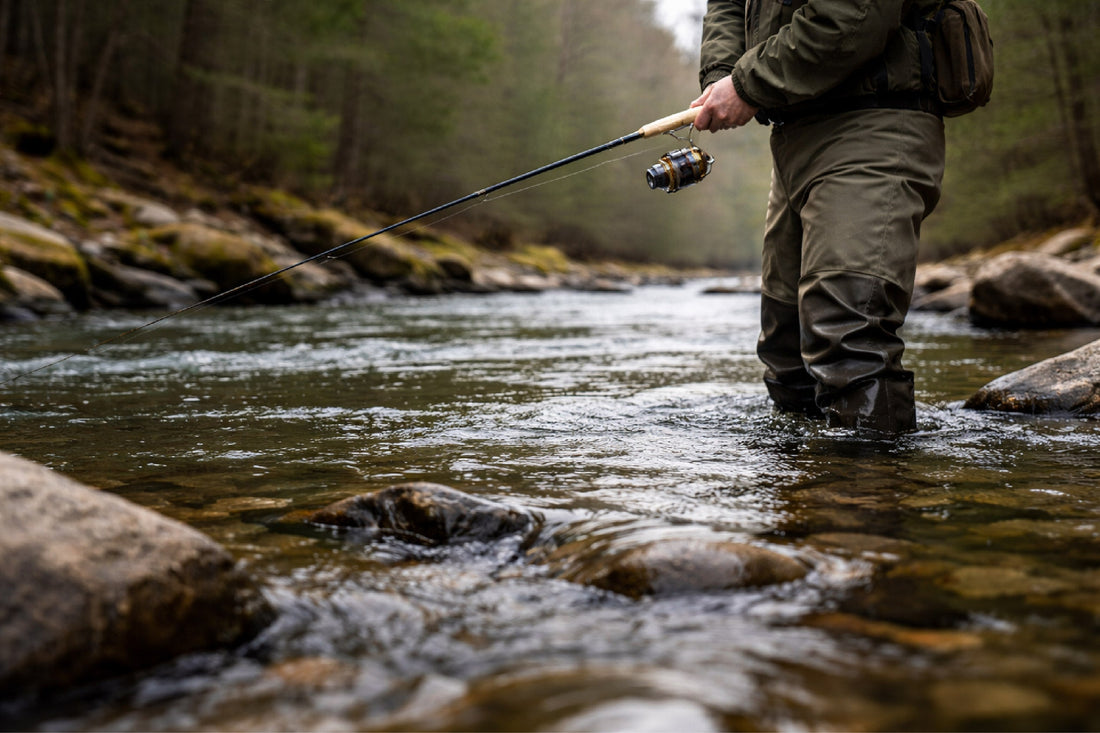 Angler wade fishing for trout in Pennsylvania stream with light spinning rod